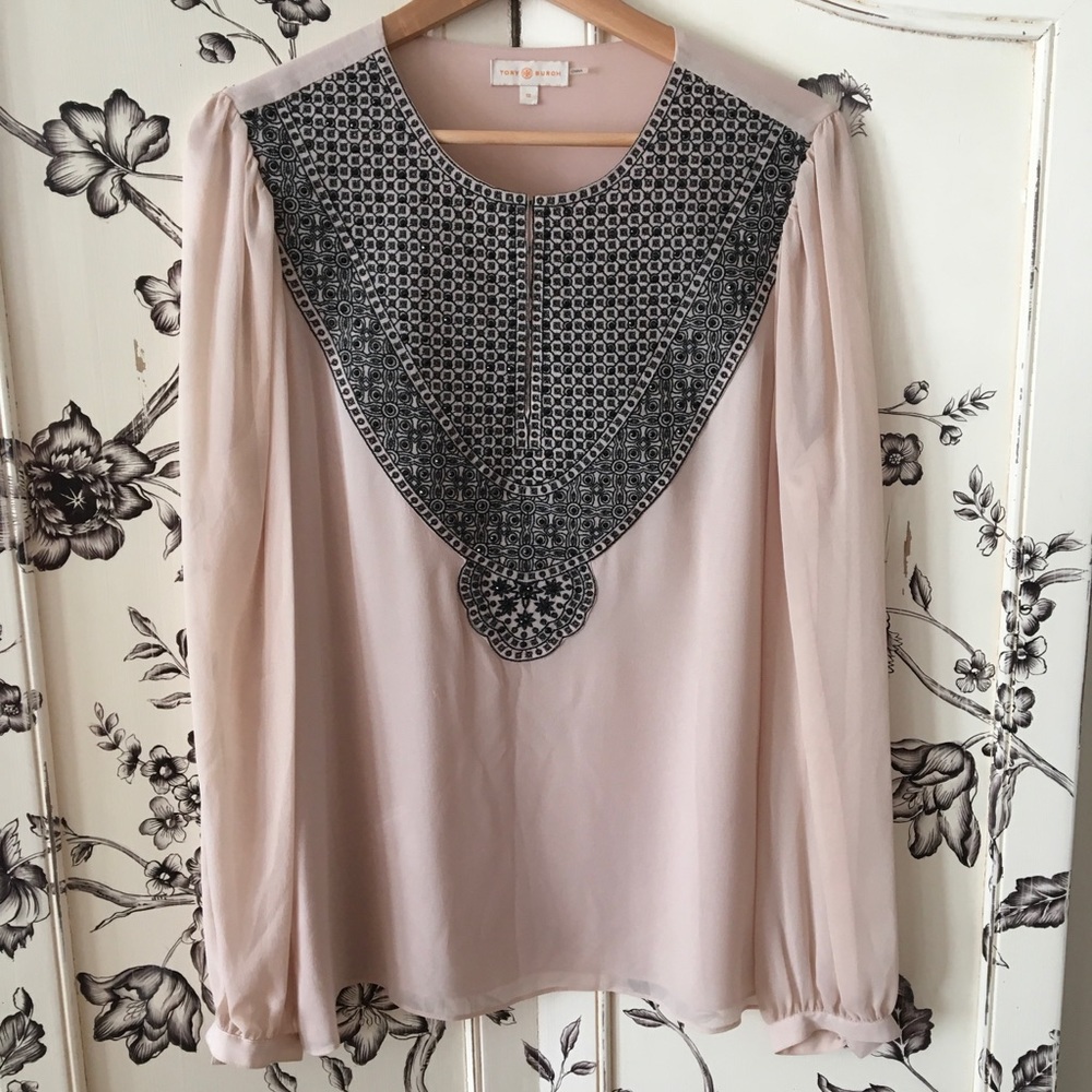 Tory Burch Pale Peach and Black Embroidered Top